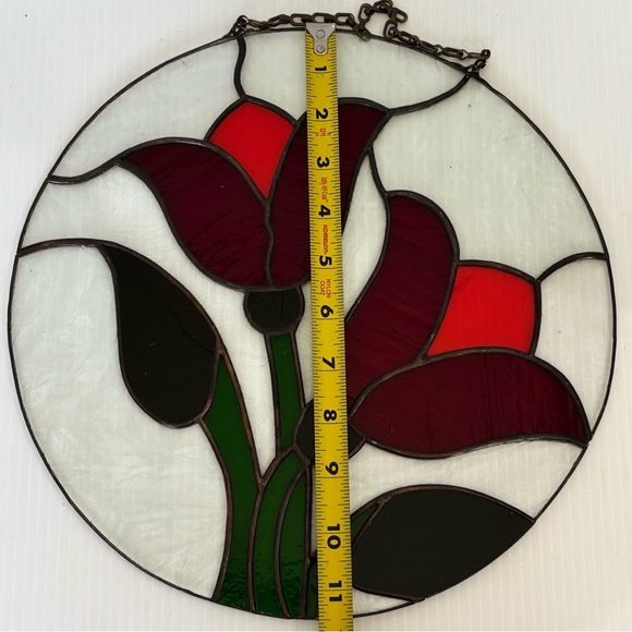 Vintage Tulip Flowers Stained Glass Hanging Panel Art with Chain 11x11 - Picture 4 of 4